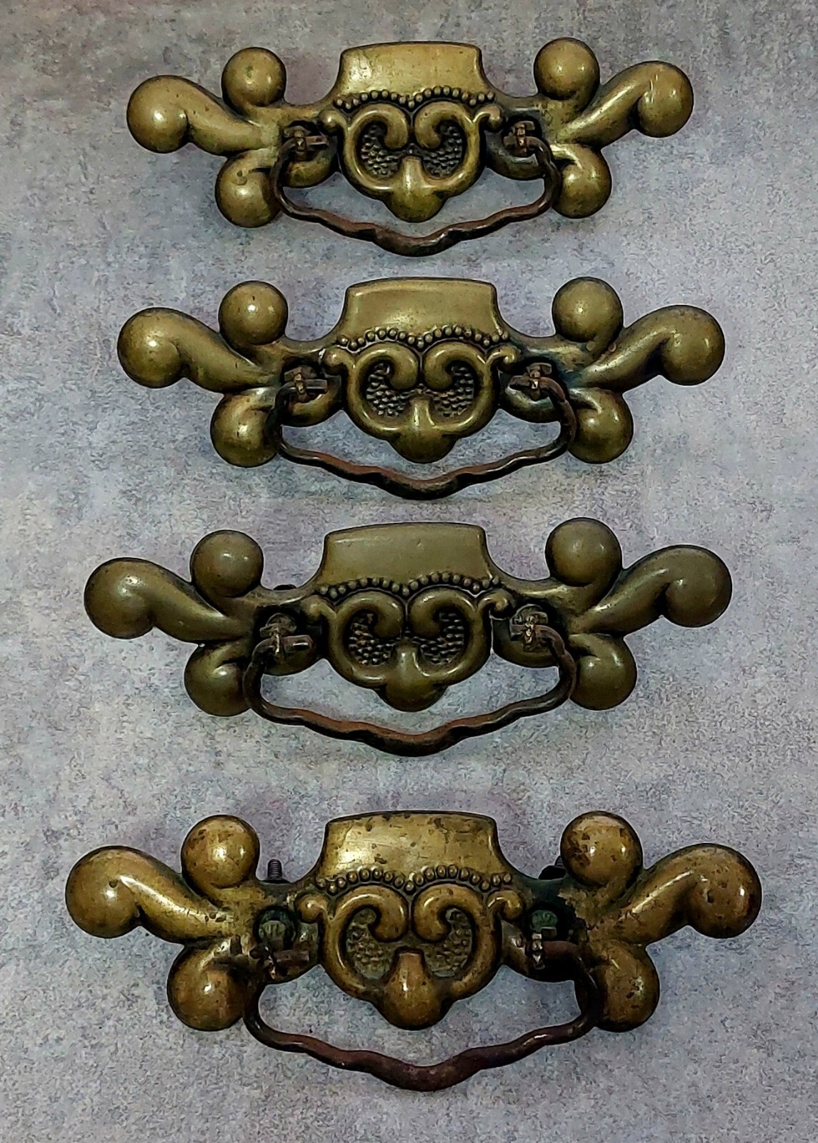 Antique Stamped Brass Drawer Pulls 3″ Bore Extremely Rare France Gold c1880