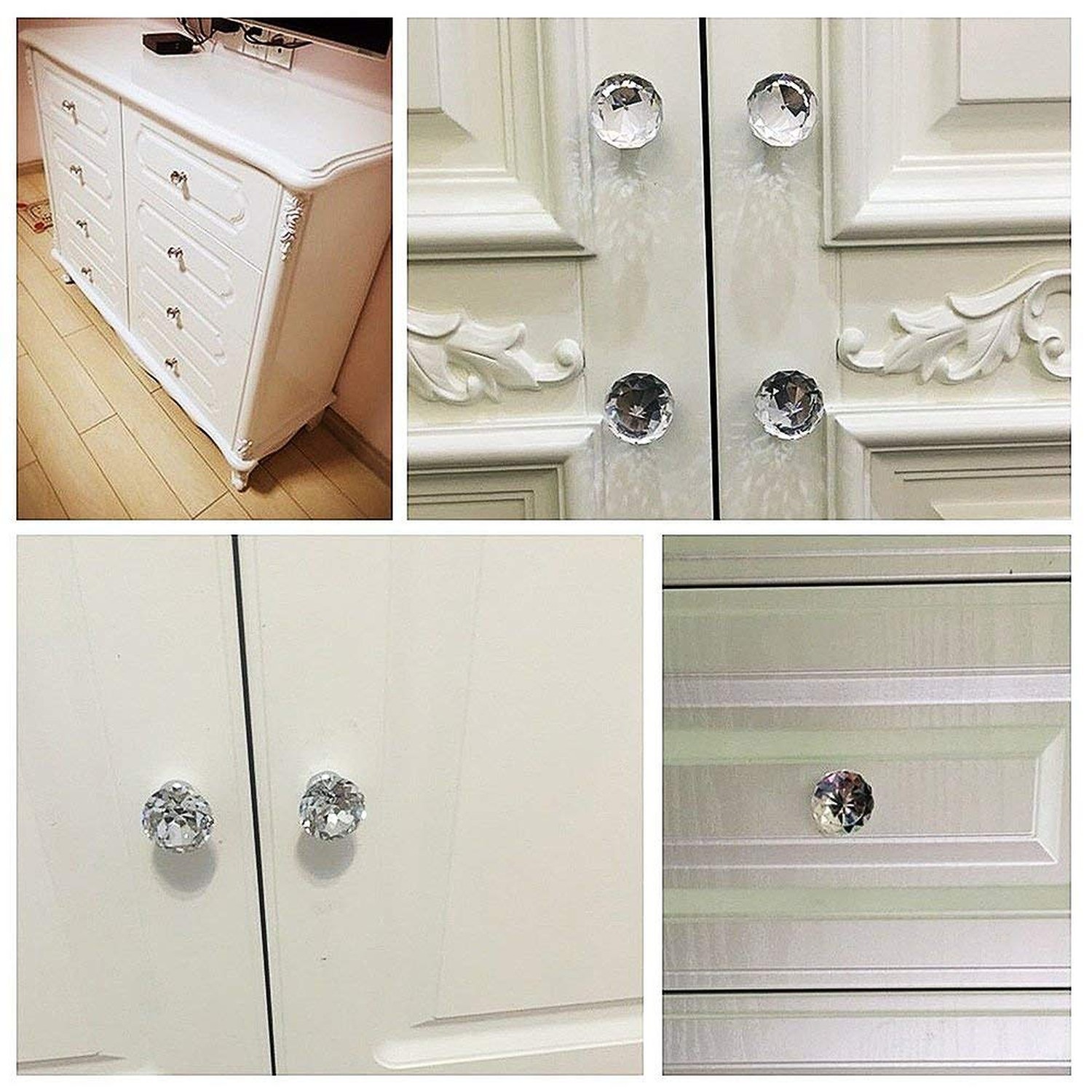 10 Pcs White Clear Crystal Glass Cabinet Knobs 30mm Diamond Shape Drawer Kitc…