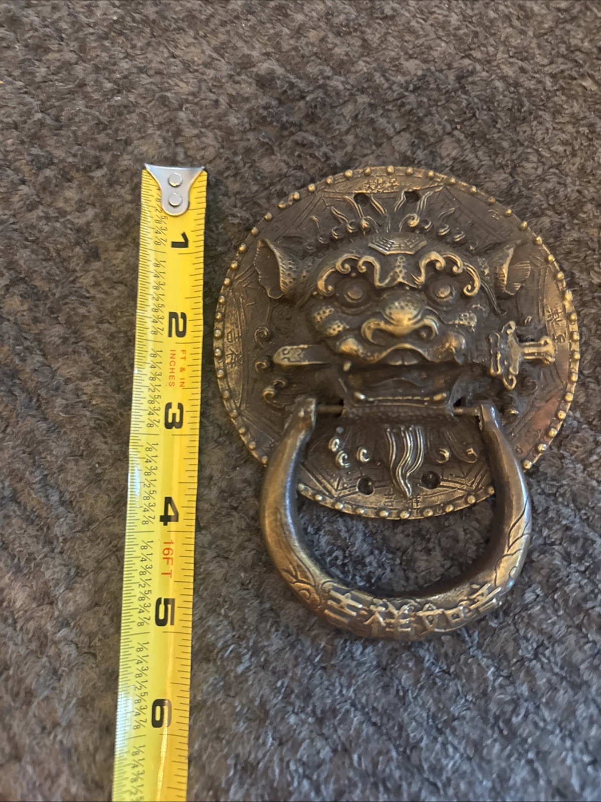 Chinese Foo Dog Lion Head Ring Pull 4” Brass Furniture Hardware Cabinet Chest