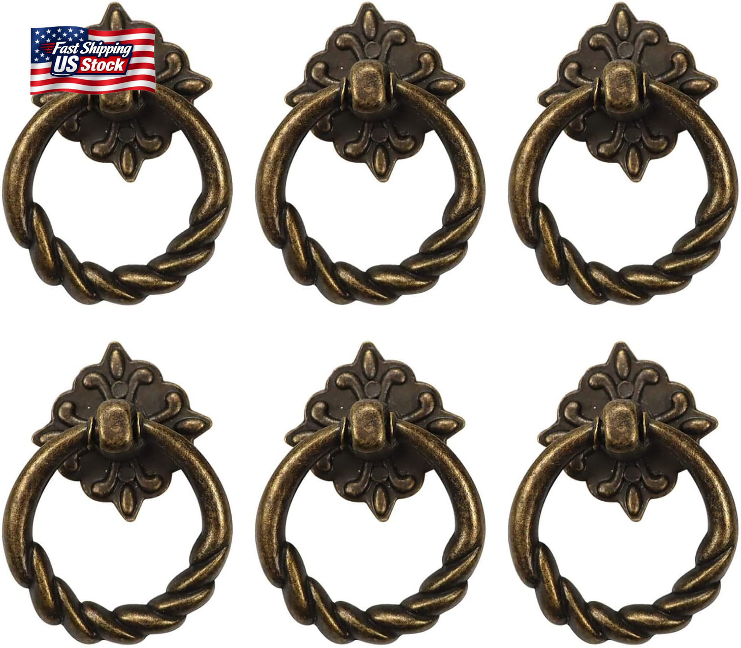 Chris.W 6Pcs Vintage Bronze Drop Ring Knobs Pulls Handles for Dresser Drawer Ant