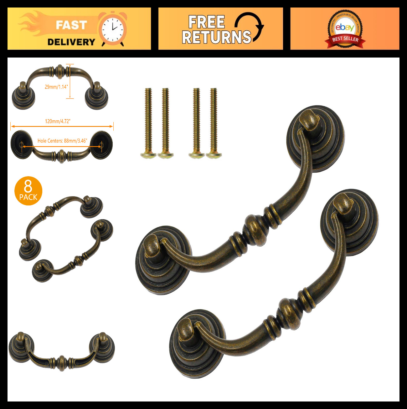 8Pcs Antique Bronze Bail Pull Handles, 3.5″ Hole, Drop Drawer Pulls for Desks