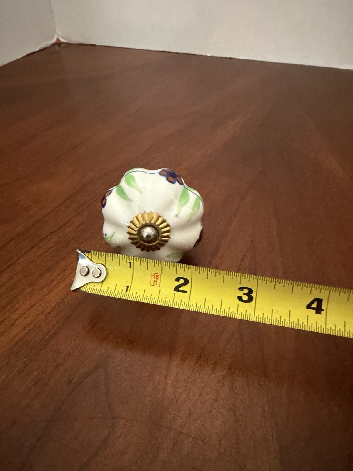 Vintage Hand Painted 2” Cabinet/drawer Knob W/ Green/blue Floral Design Ceramic