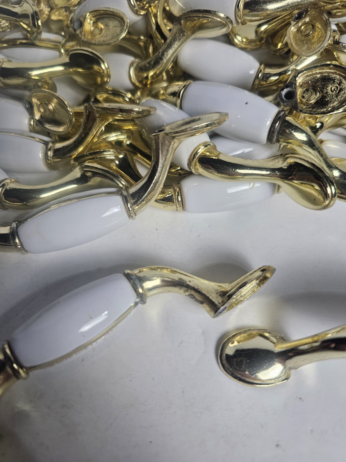 Vintage Drawer Pulls Lot Of 67 White Porcelain & Brass Tone