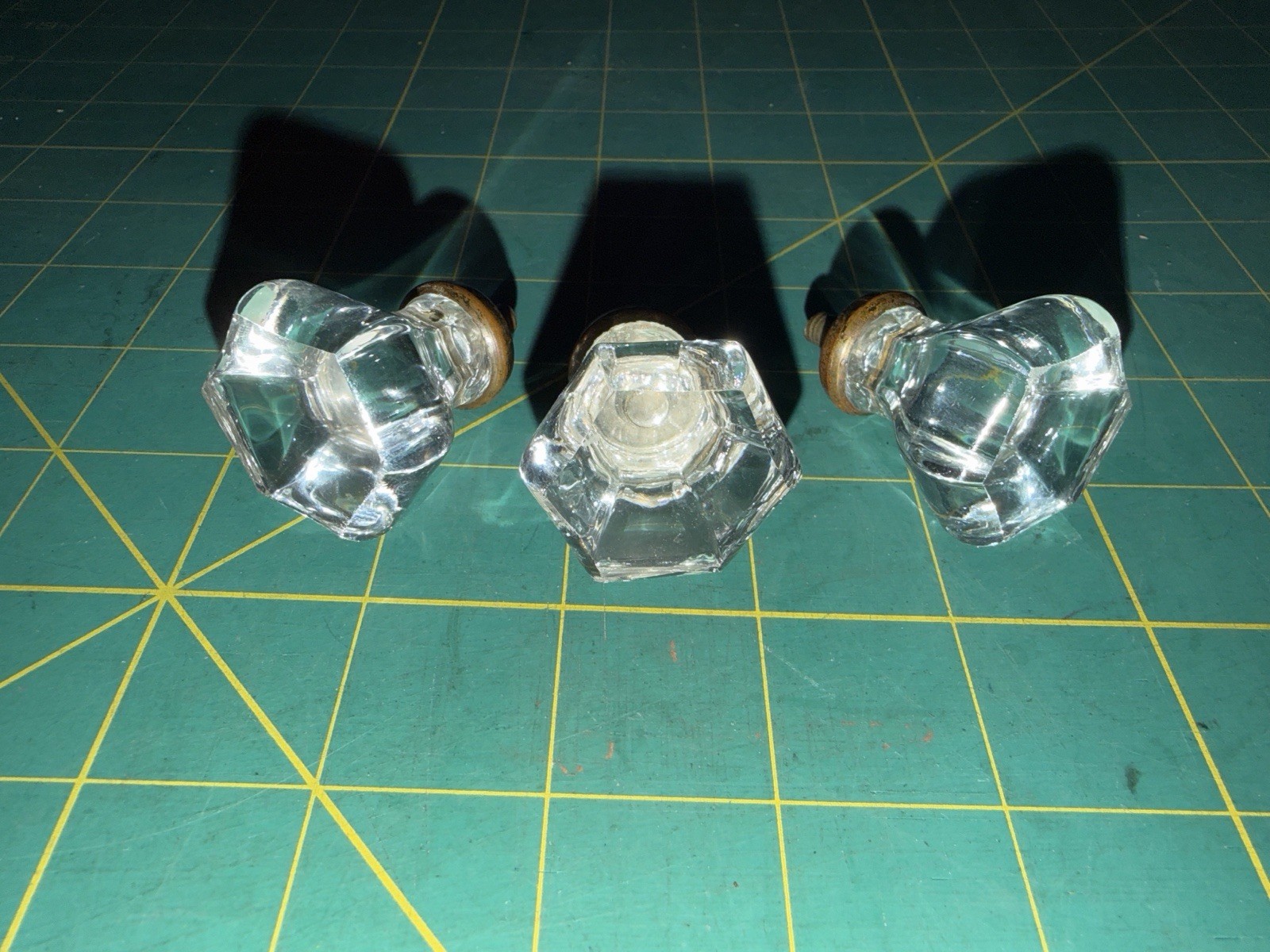 Set of 3 Vintage Clear Glass Drawer Knobs Hex Faceted Cabinet Pulls w/ Shafts