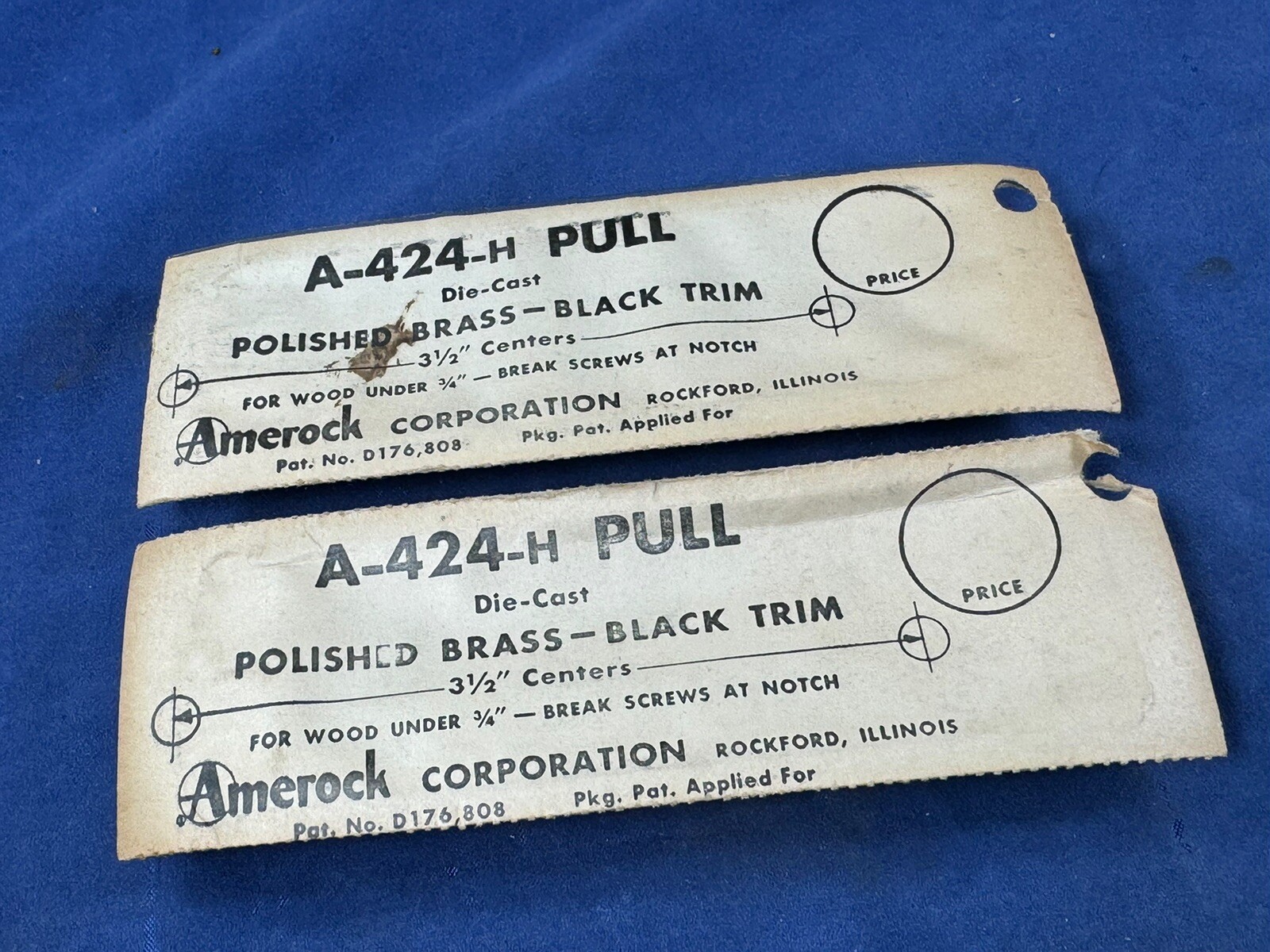 2 NOS C.1957 Mid Century Amerock PULLS, Polished Brass Plate, Original Package!
