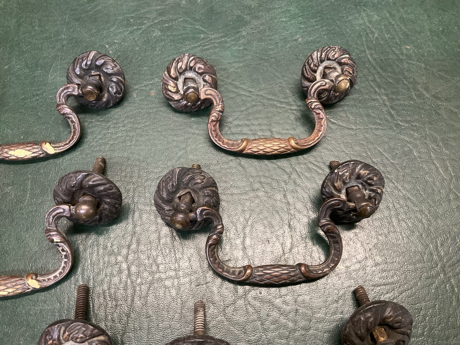 Set of 10 Antique Period Ornate Brass Drop Drawer Pulls Handles