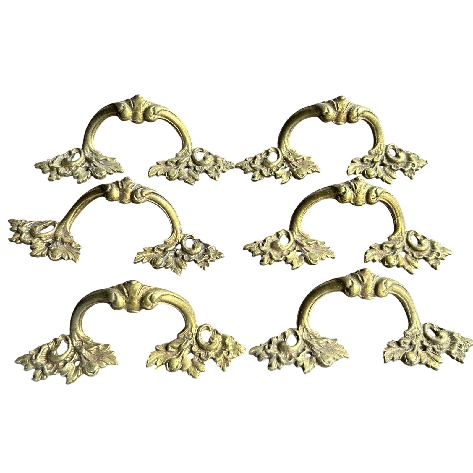 Set Of 6 Antique 4.5 in. Brass French Bridge Dresser Pulls ornate gold