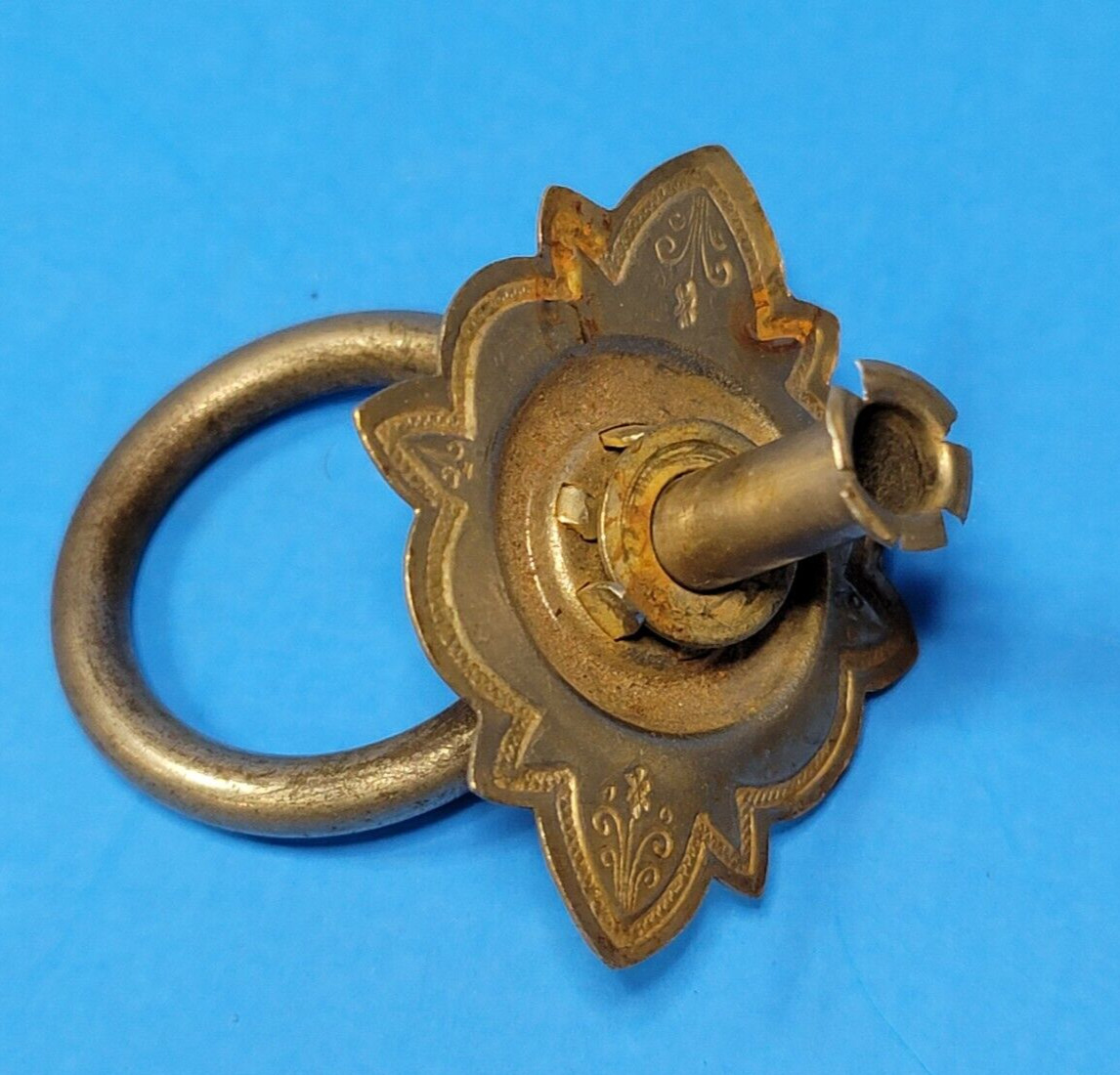 Drawer Pull Drop Ring Ornate Nickel Brass Floral Pattern Vintage