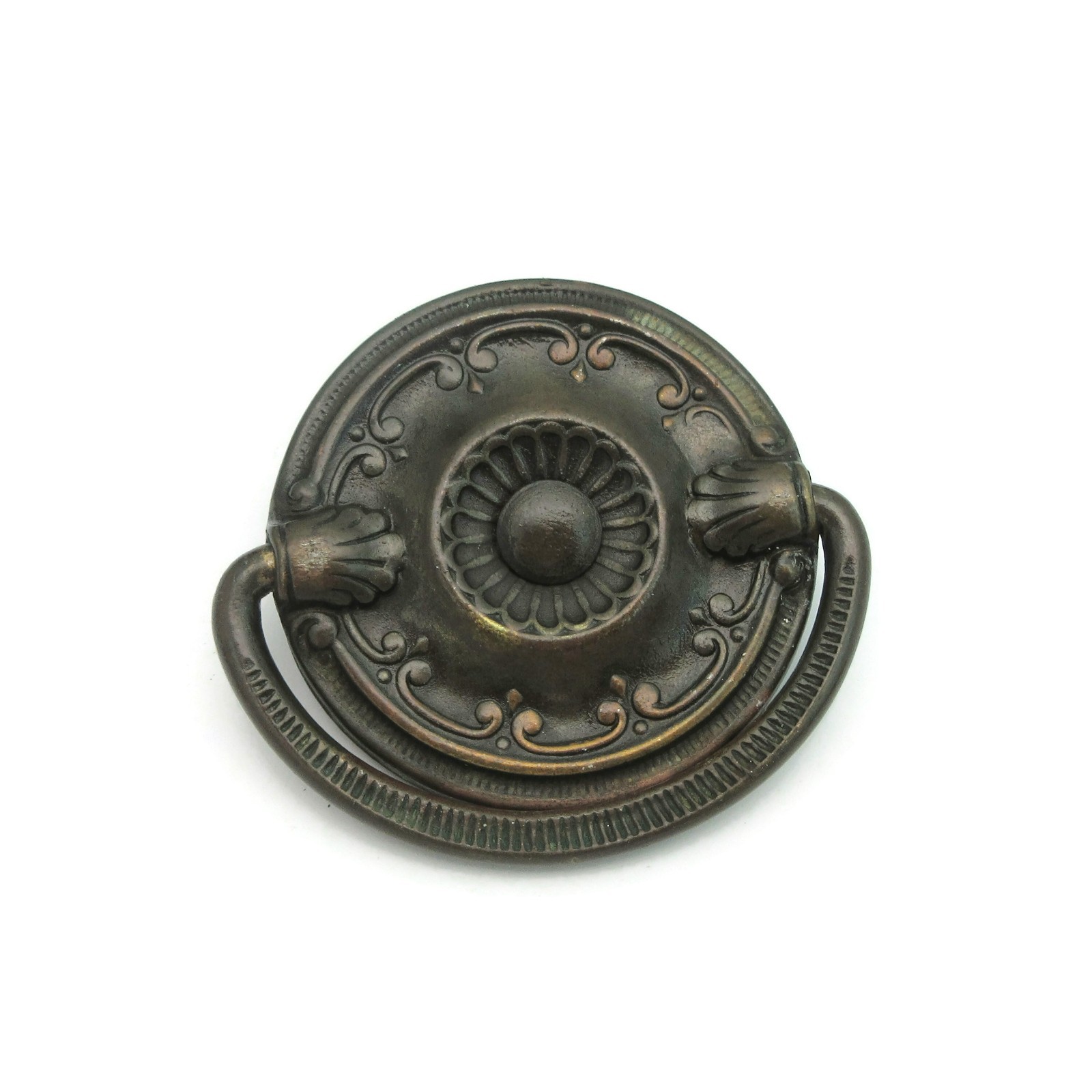 Vintage Ring Drawer Pull Ornate Handle Brass Tone Pressed Metal Round LV13a