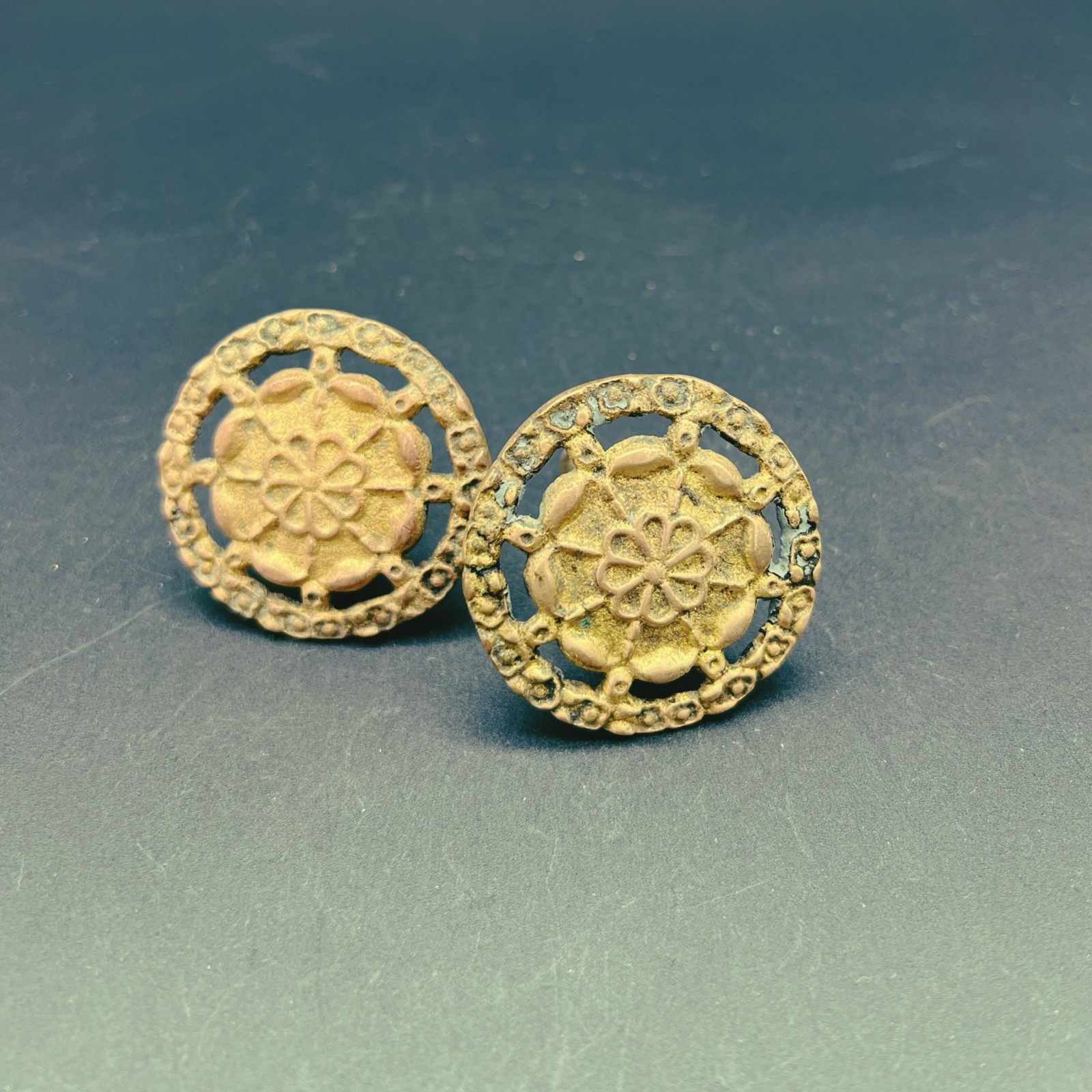 Vintage Decorative Floral Motif Brass Cabinet Knobs 2″ Diameter Set of Two