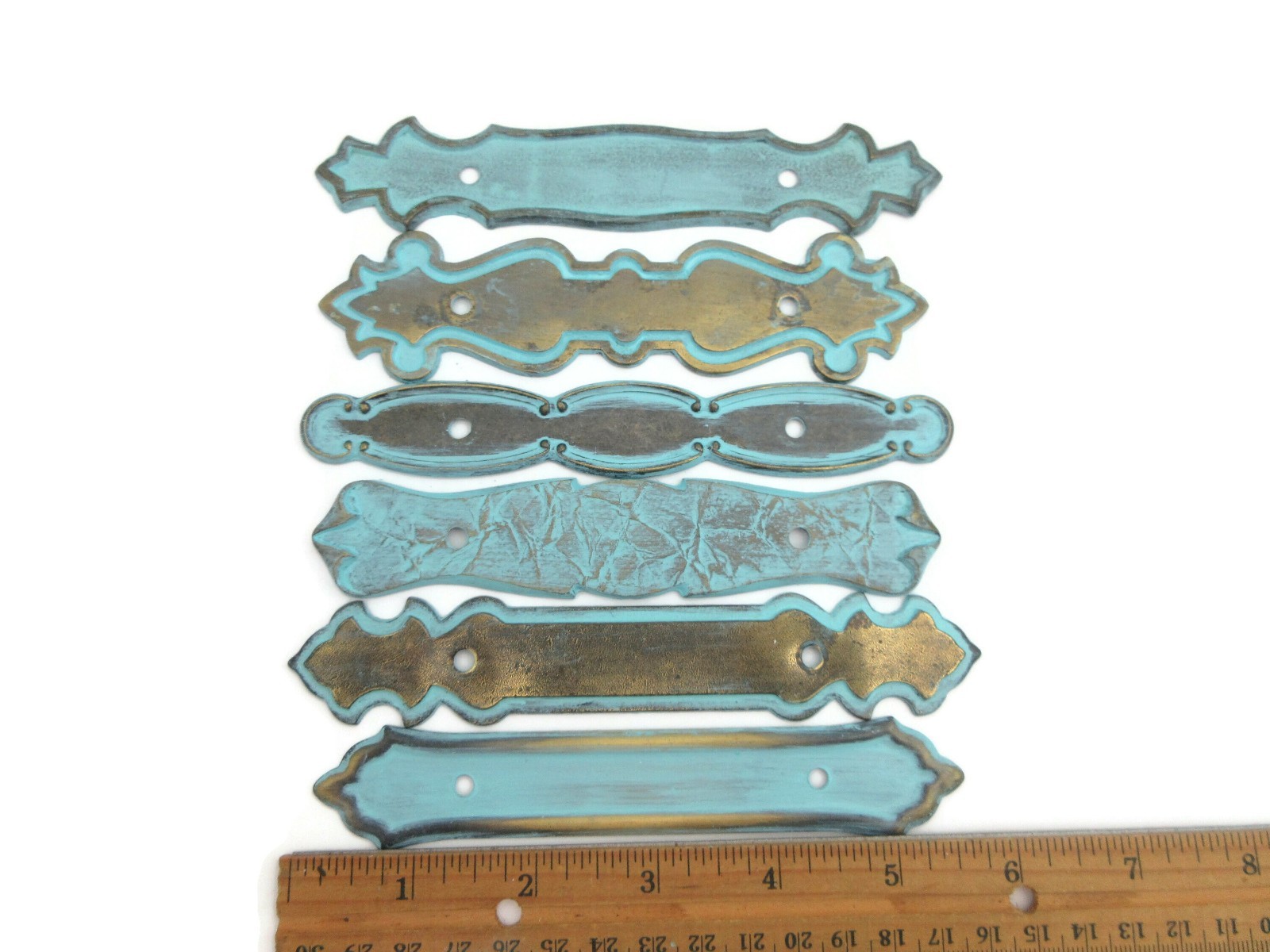 Set of 6 vintage backplates Distressed Turquoise Brass Color 3″ Centers LH8