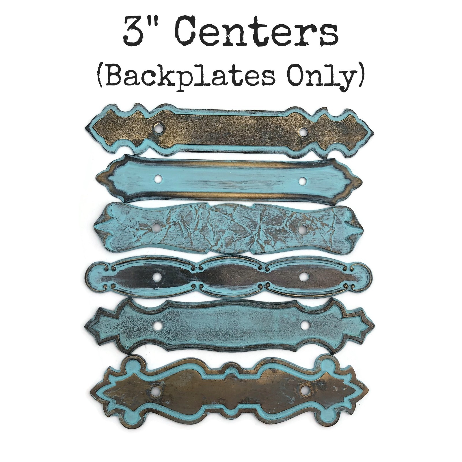 Set of 6 vintage backplates Distressed Turquoise Brass Color 3″ Centers LH8