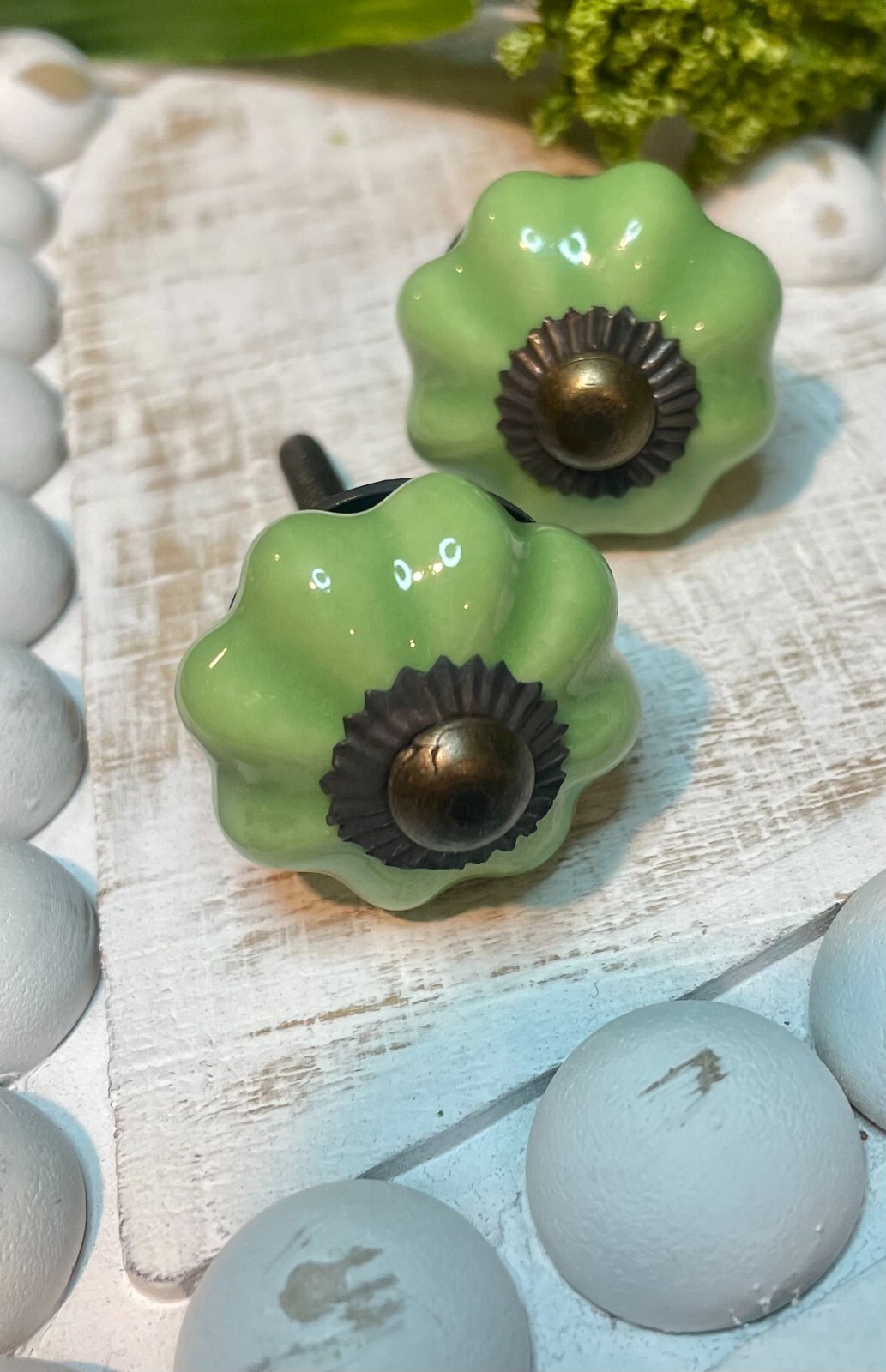 Antique Ceramic Gold Bronze Drawer Pulls Green Flower Door Kitchen Cabinet Knob