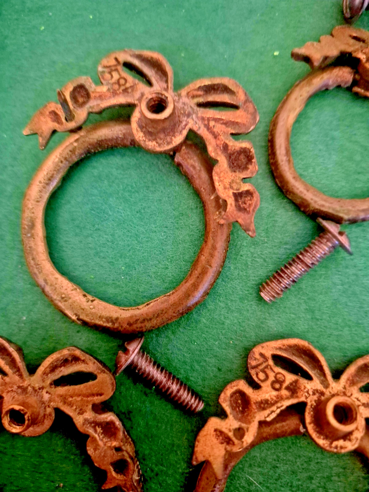 Antique Ribbon And Bow Ornate Bronze Brass Drawer Pull Rings 12 Set Art Nouveau!