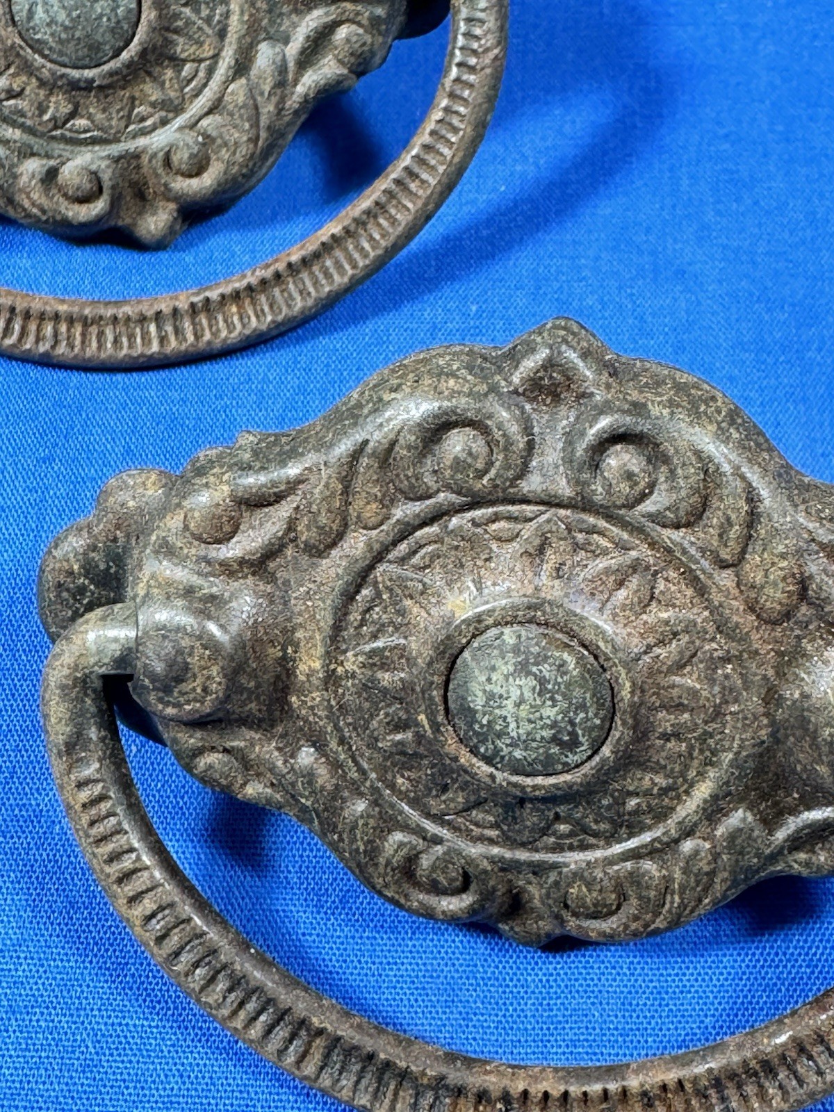 Antique Drawer Pulls w/ Original Screws, Bail Handle ~ Ornate Pressed Design