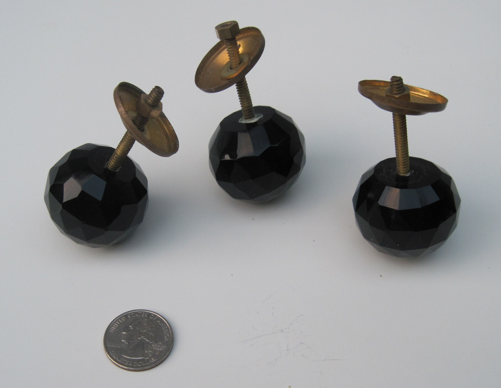Vintage Set of 3 Knobs Black Glass Faceted Drawer Ball Round Brass 1 1/2″Dia