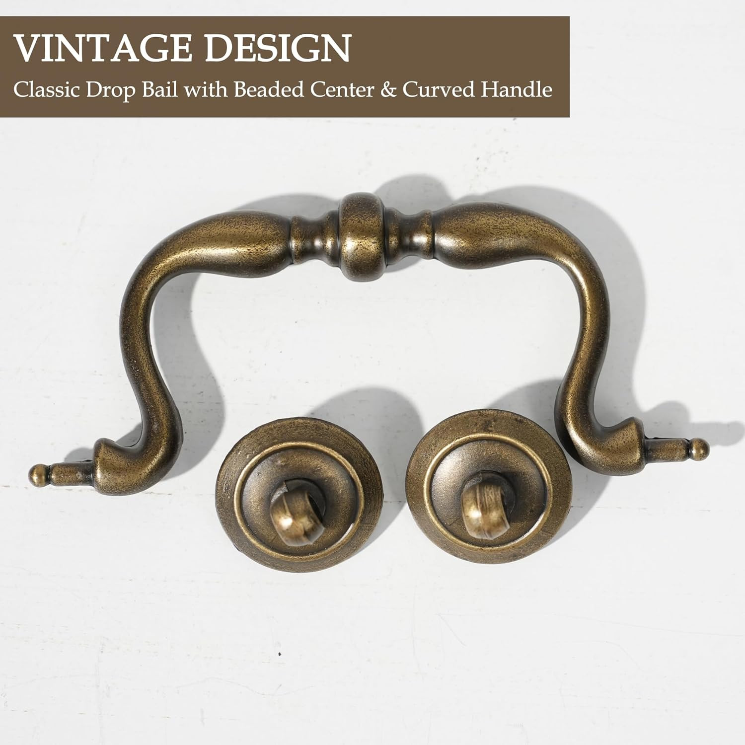 Antique Brass Drop Bail Drawer Pulls 4 Pack, 4 Inch Hole Center, Vintage Cabinet