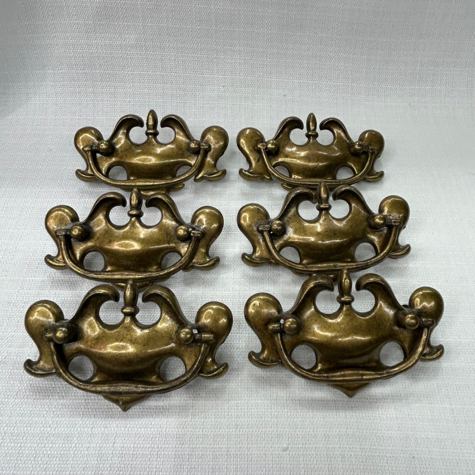 Set of 6 Vintage Chippendale Batwing Brass Drawer Pulls Cabinet Dresser Handles
