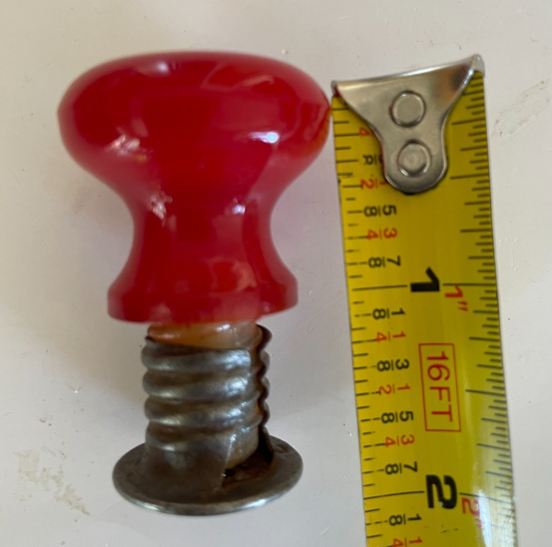 ONE Red Glass Hoosier Cabinet Style Threaded Knob Pull w/ Sleeve Hardware Orig