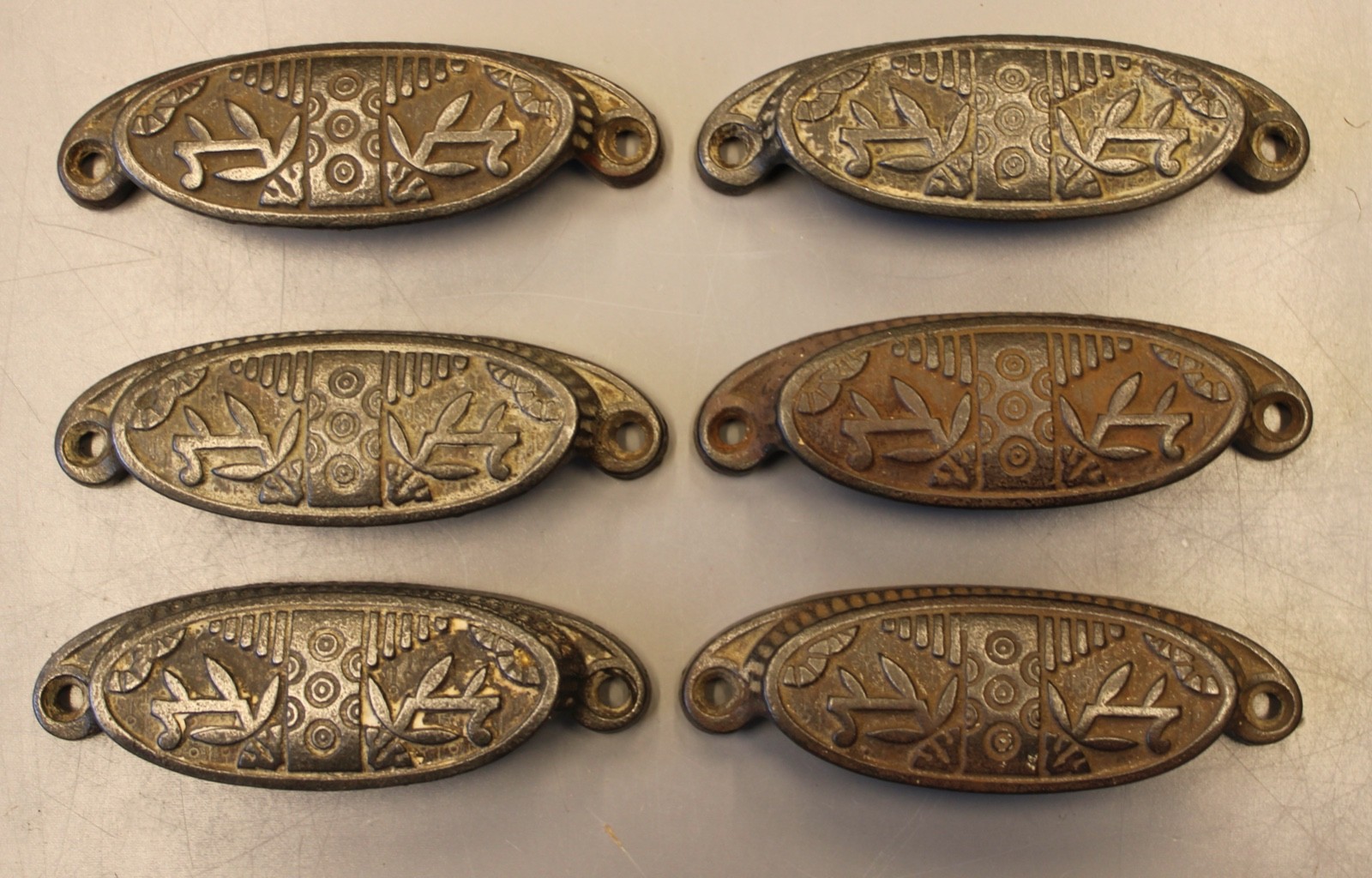 04/13 Set of 6 Authentic Antique Iron Drawer Pulls, Victorian Hardware, Eastlake