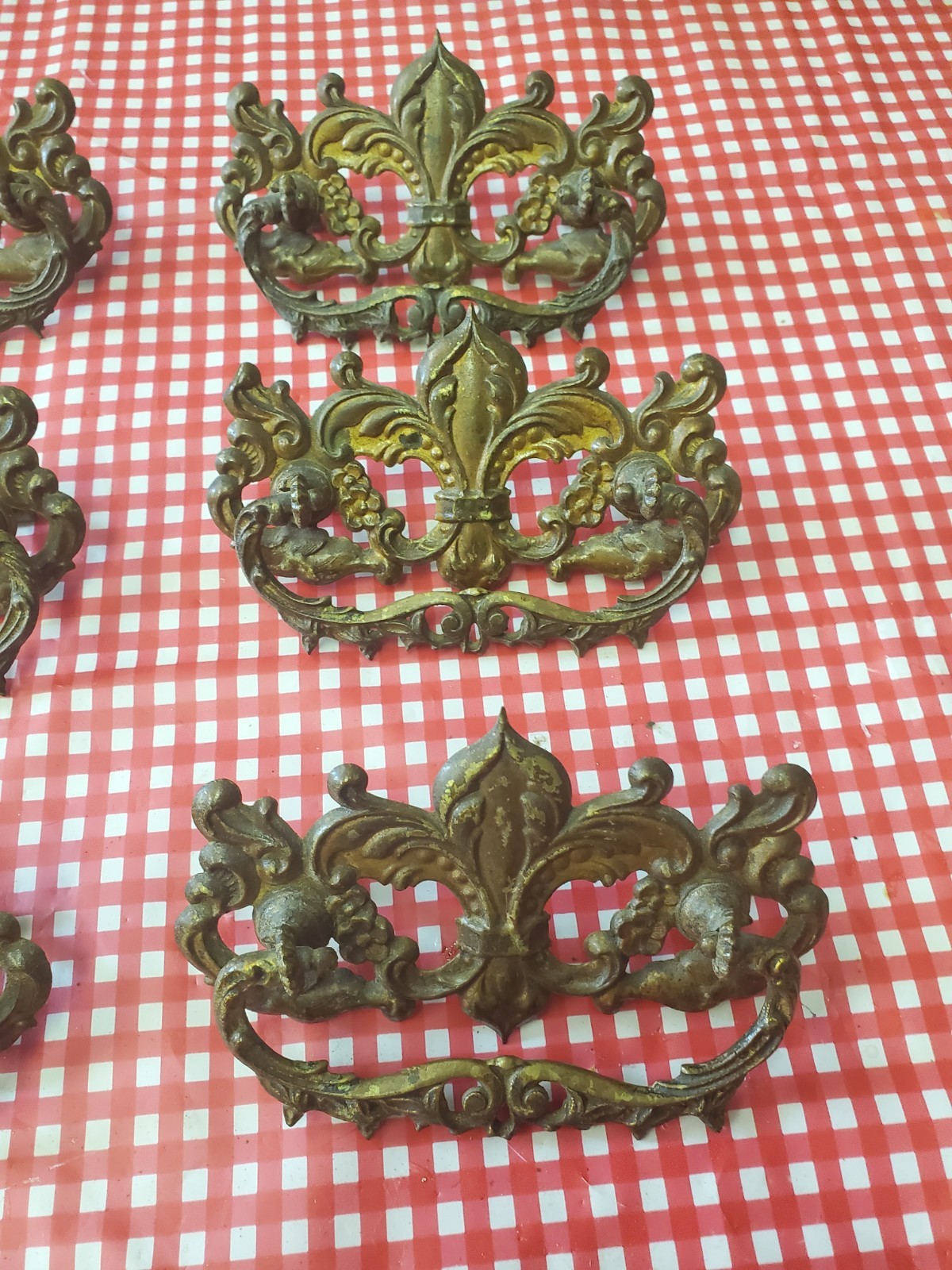 Set 6 Ornate Victorian Drawer Pulls Bail Handles Brass Fleur-de-lis w/3 keyholes