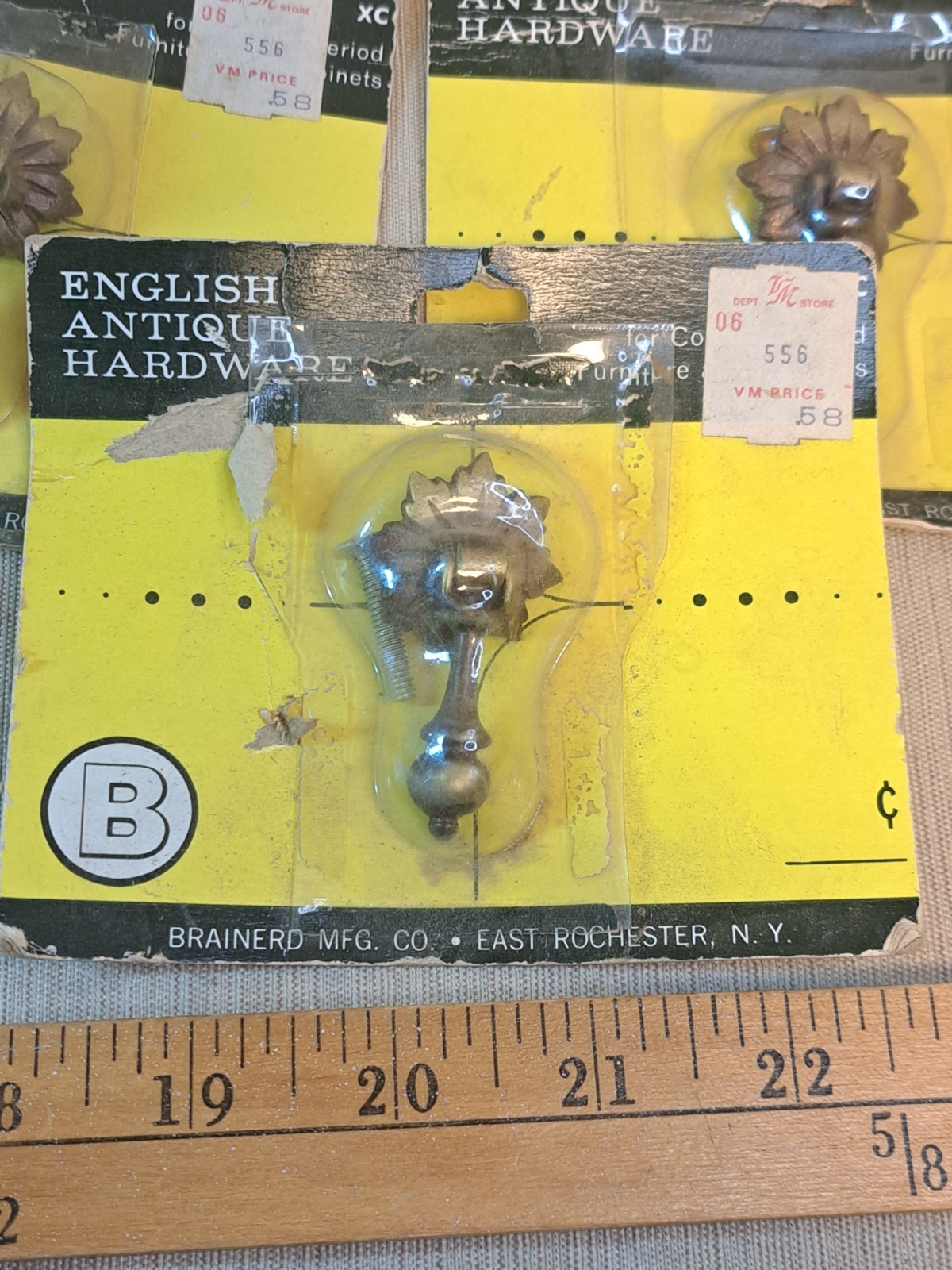 Vintage Brainerd 2089 Brass Drop Pulls Set of 3 NOS English Antique Hardware