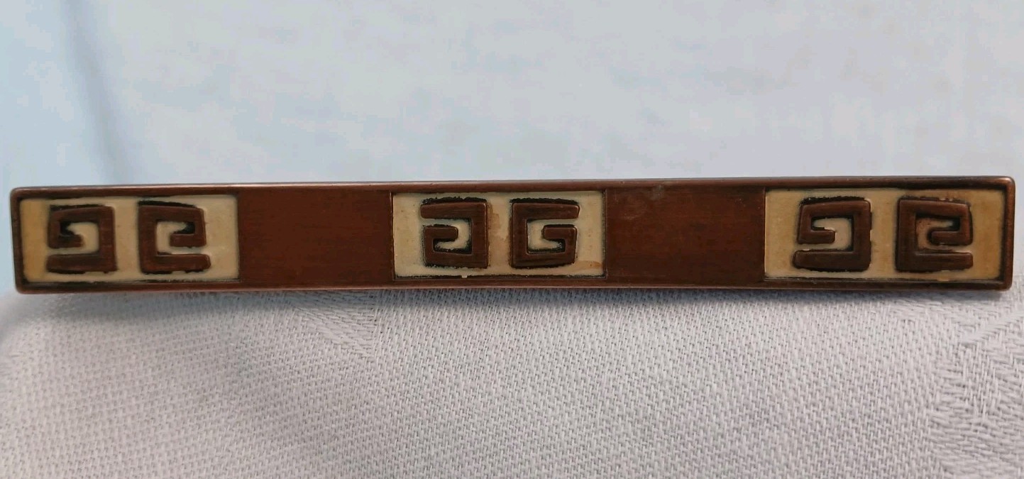 Vtg Set 2 Drawer Pull Handle + Knob Copper Enamel Asian Greek 3″ Centers MCM