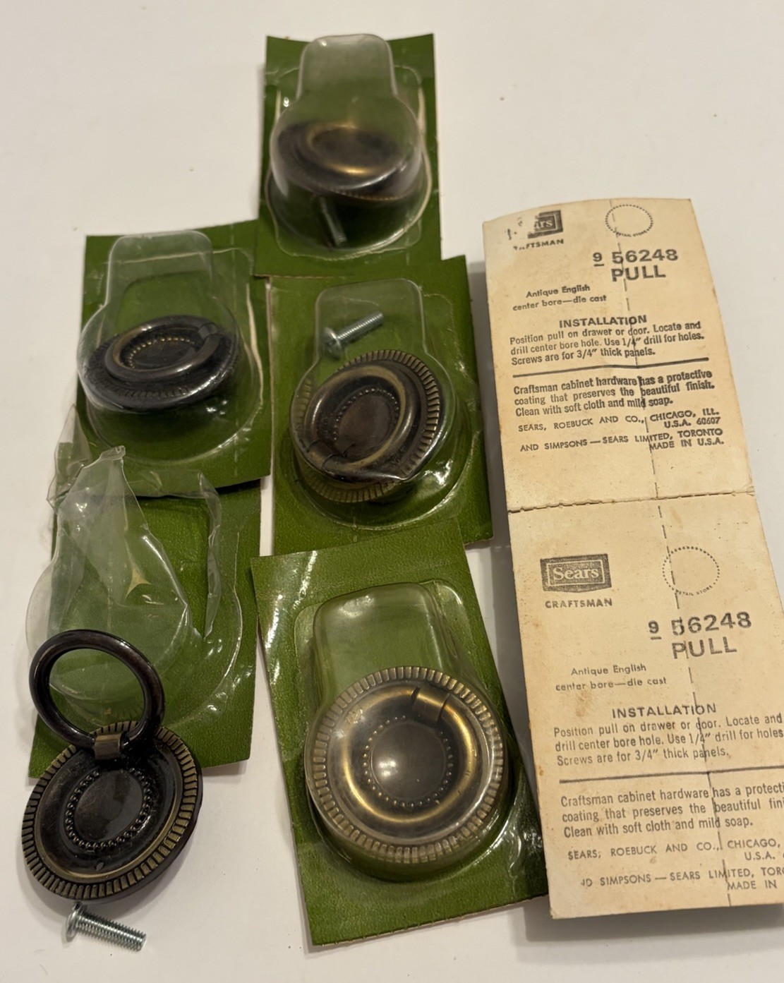 7 NOS Vtg MCM Sears Craftsman Antique English Round Drop Drawer Pulls 1.5”