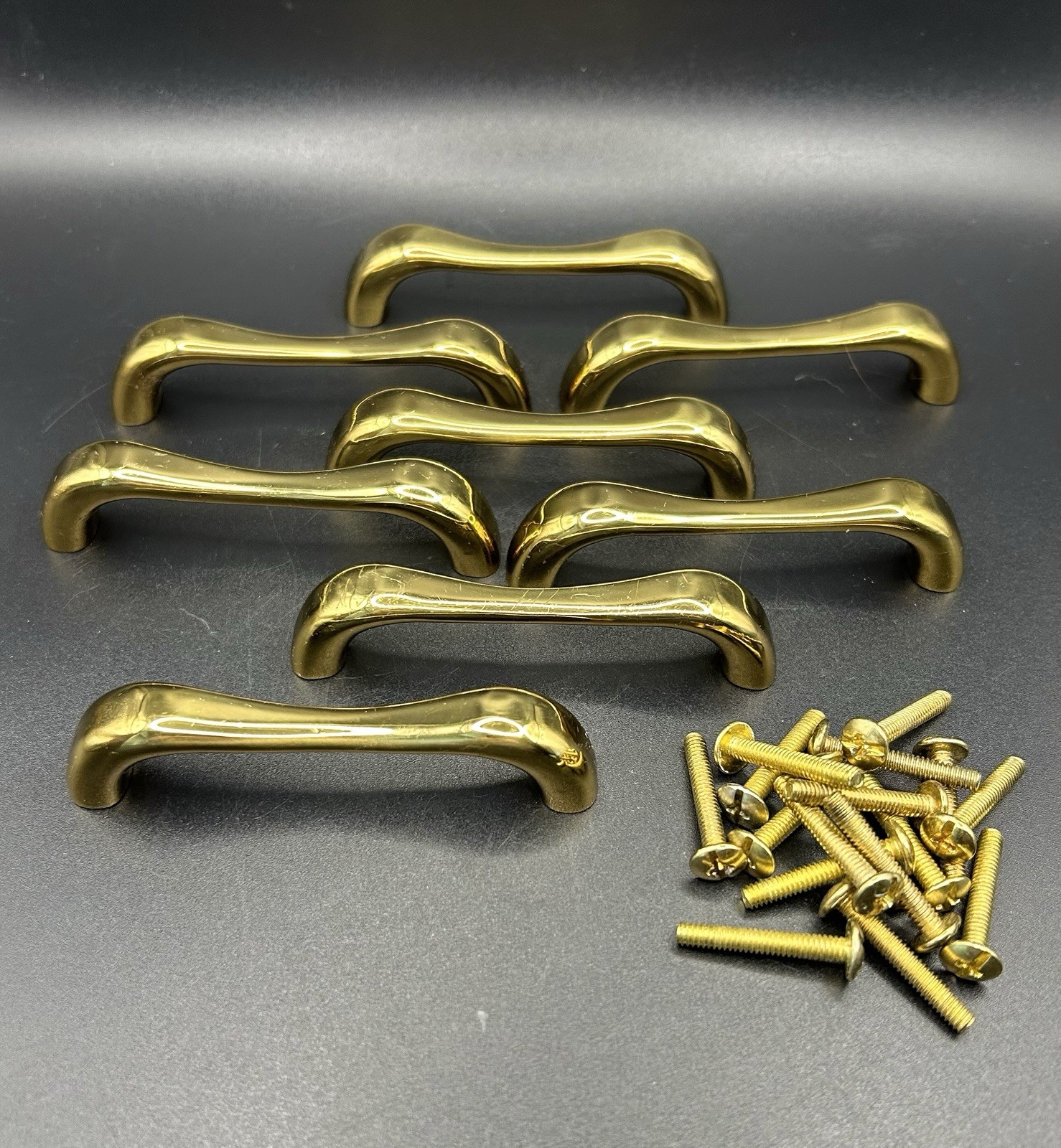 Vtg Solid Polished Brass Drawer Pulls Contoured Bar 3.5” Lot Of 8 With Screws