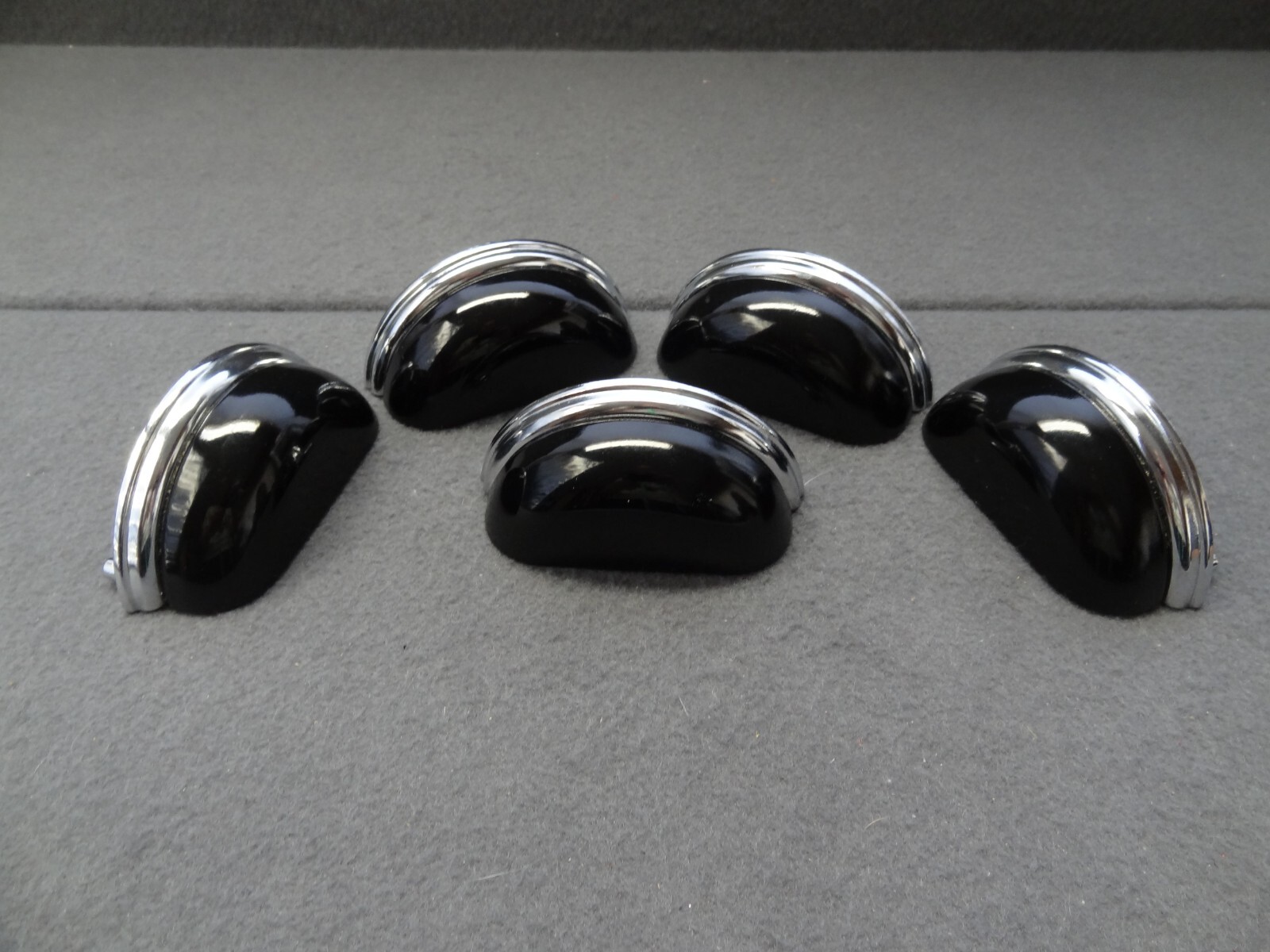 Lewis Dolin (5) Black Glass & Silver Metal Bin Drawer Pulls VTG 3″ On-Center