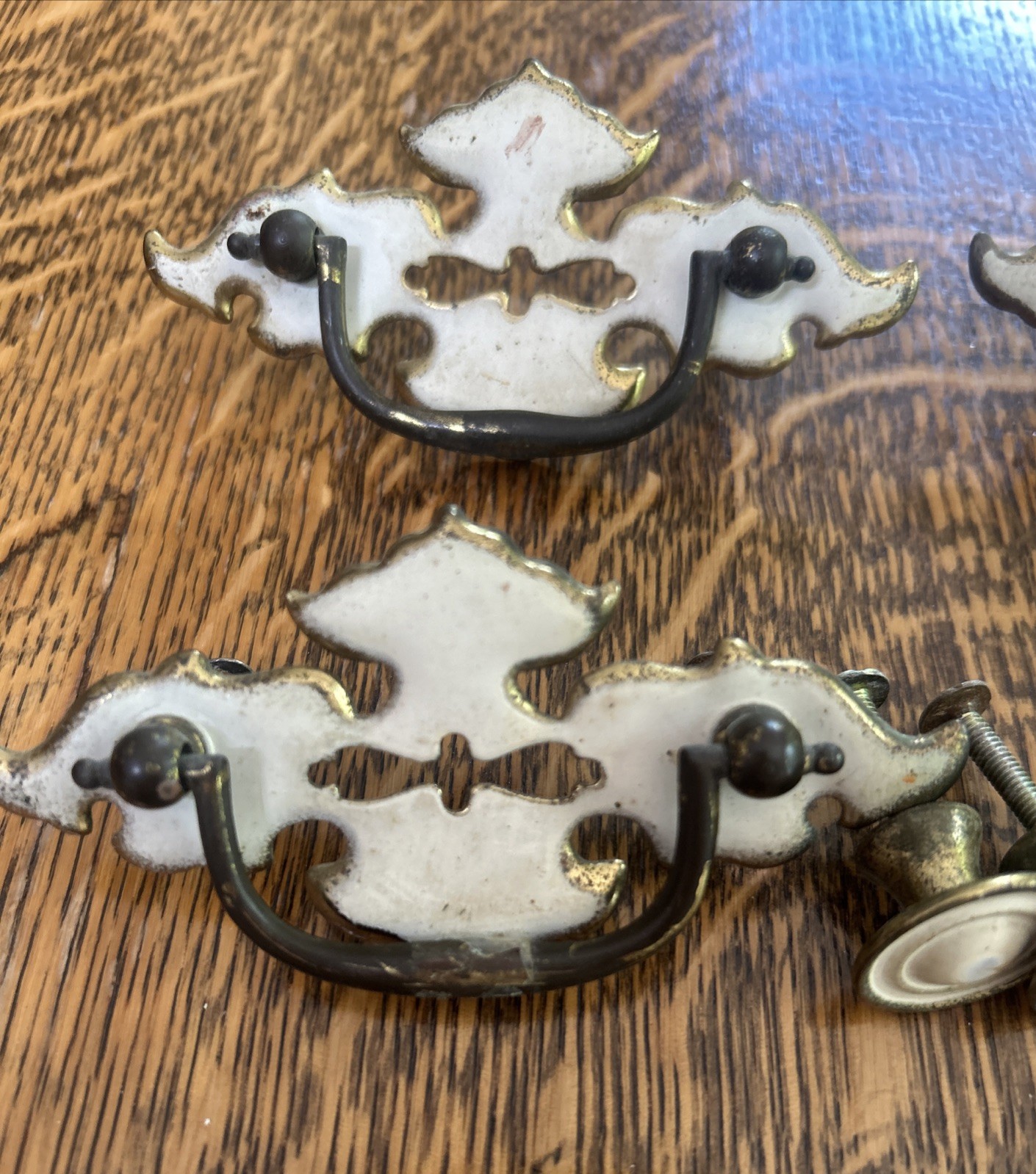 Vintage Pull Handles 2-1/2″ Centers White On Brass 1960s