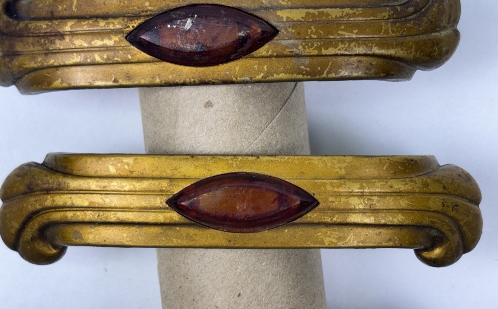 Vintage Art Deco Drawer Pulls Set of 6 Amber Plastic Inlay Waterfall Style