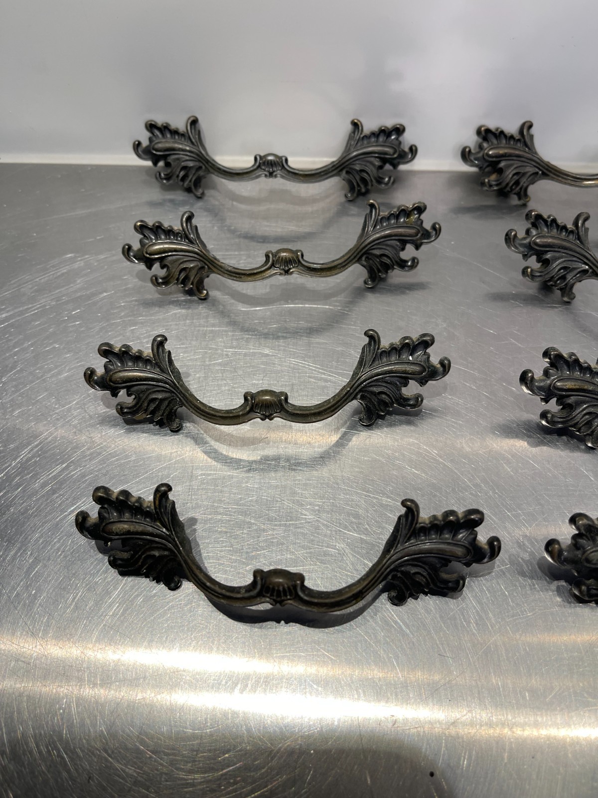 12 Used Vintage French Provincial Drawer Pulls Ornate Leaves 3” Allison Japan