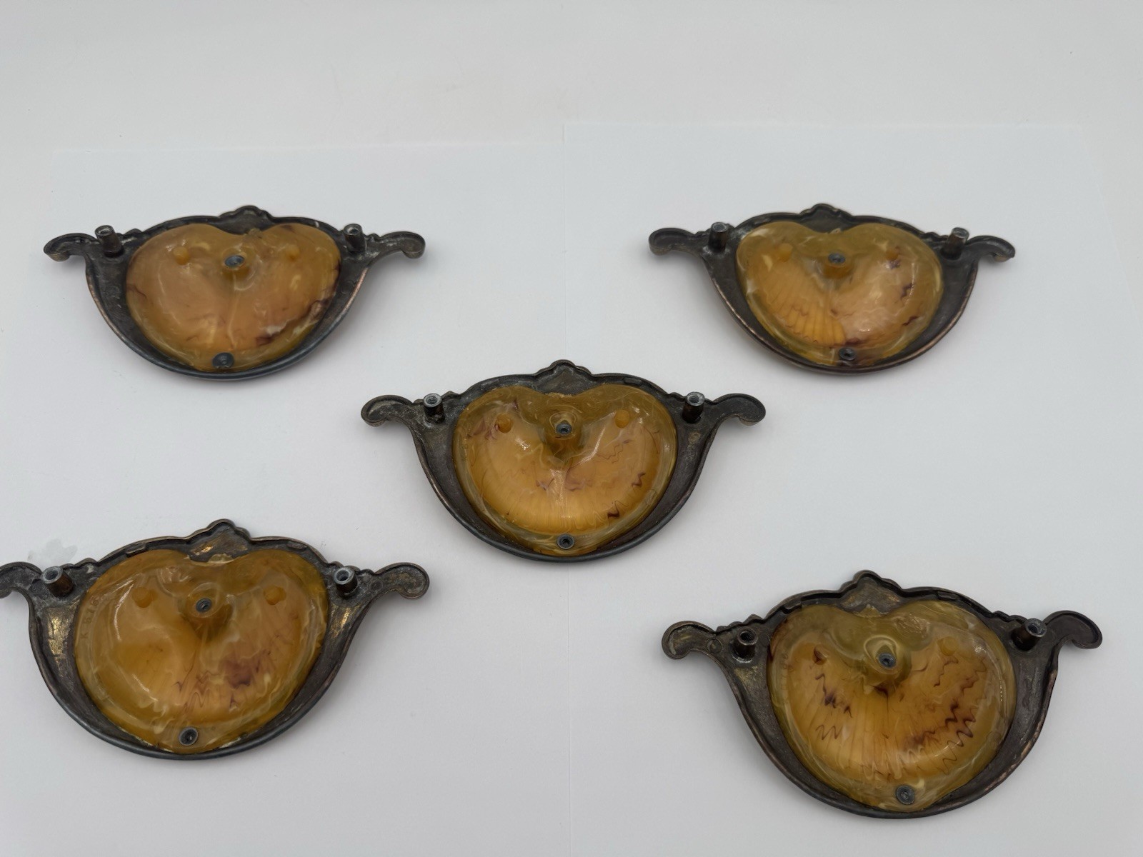 5 Antique Keeler Brass Waterfall Shell Handle Bakelite Dresser Pulls Beautiful