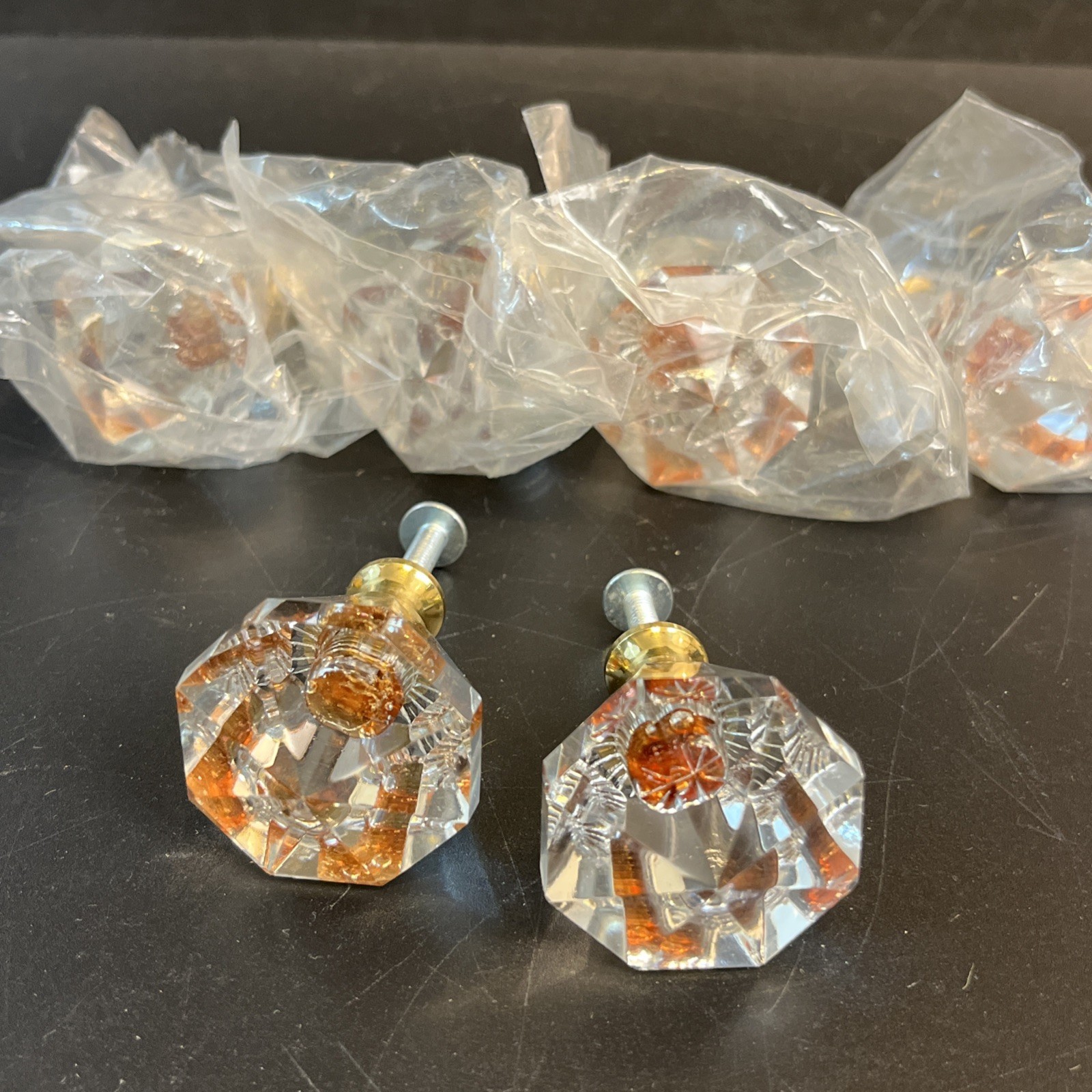 6 Vtg Clear & Amber Glass Diamond Cut Drawer Pulls Knobs 1.5″ Brass Hardware Lot