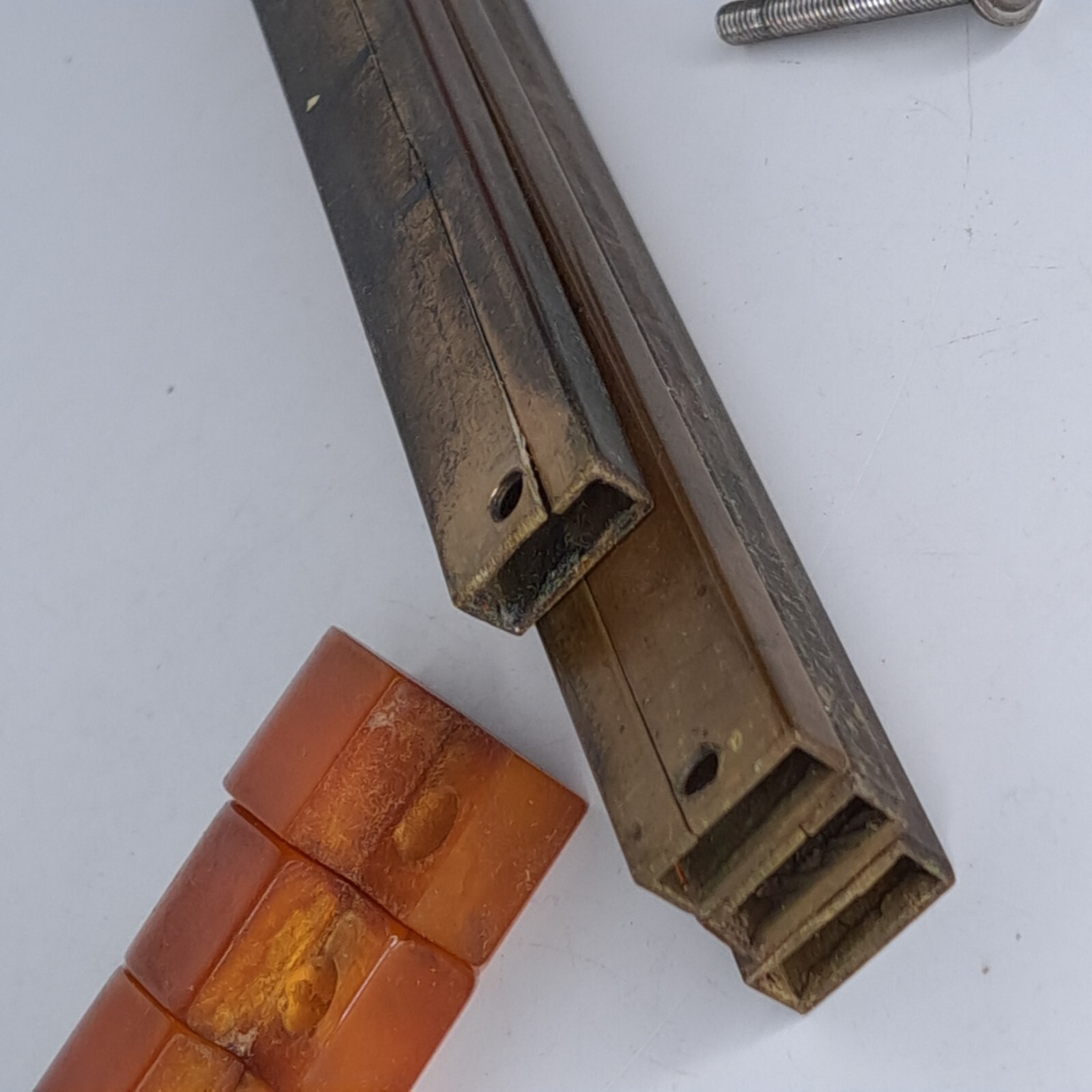 4 Antique ART DECO Butterscotch Bakelite Brass Plated Bar Drawer Pulls Reclaimed
