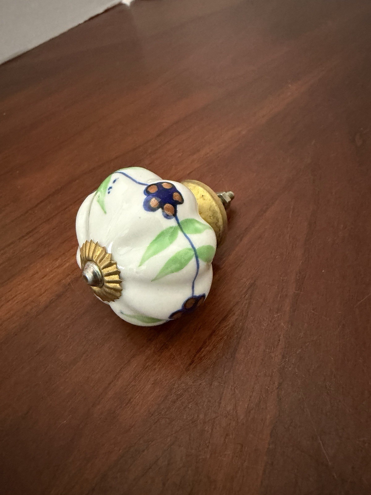 Vintage Hand Painted 2” Cabinet/drawer Knob W/ Green/blue Floral Design Ceramic