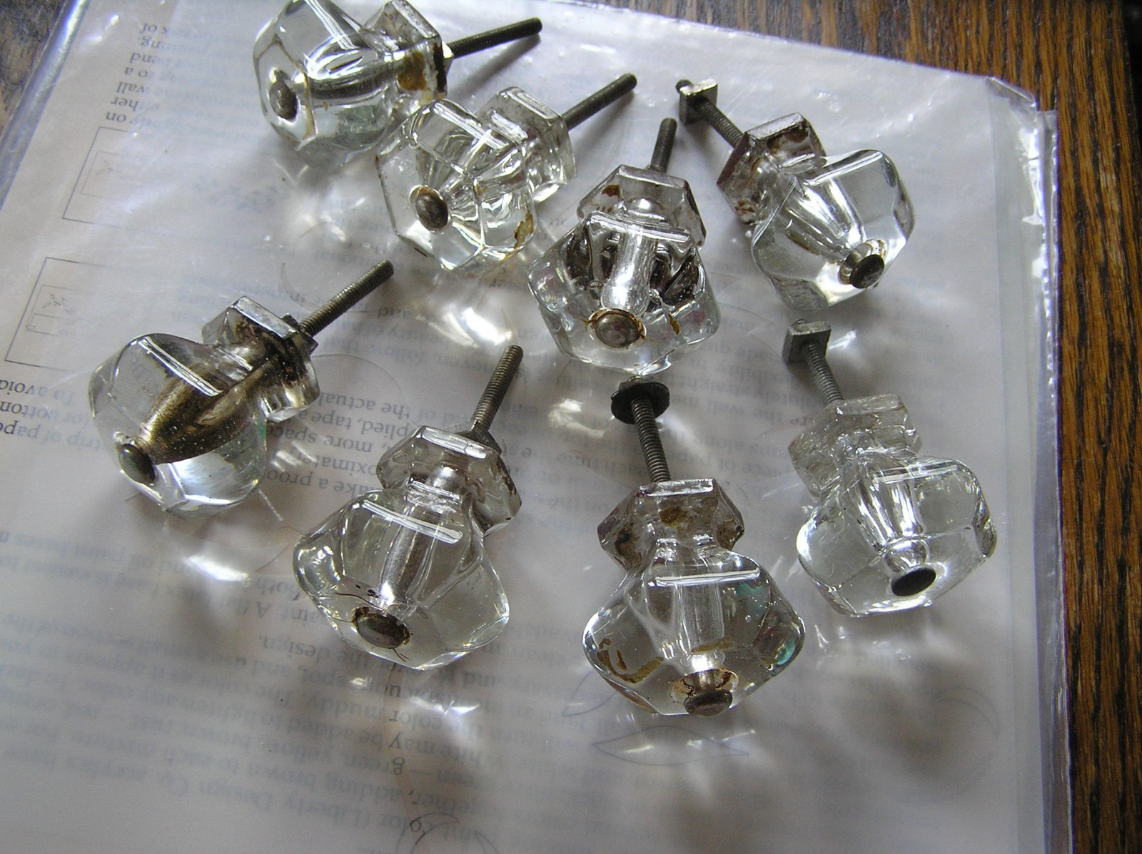 Lot of 8 Vintage 6~Sided Hexagonal Clear Glass Drawer Knobs 1.5″ w/ Hardware