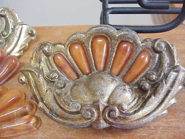 4 Vtg Brass Plated Celluloid or Bakelite Insert Drawer Pulls Dresser Handles