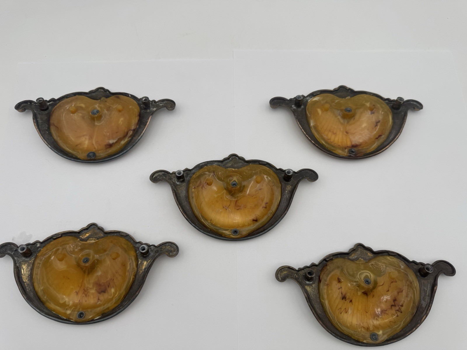 5 Antique Keeler Brass Waterfall Shell Handle Bakelite Dresser Pulls Beautiful
