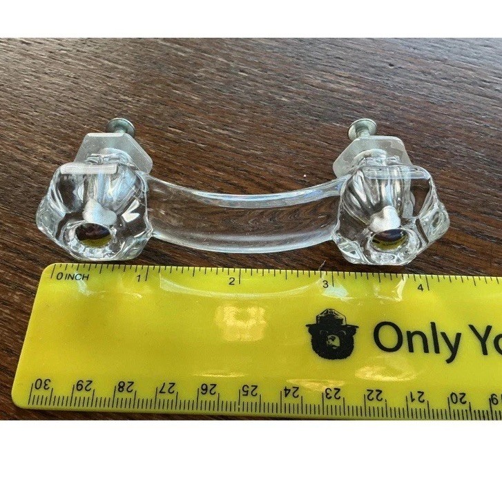 Hexagon Curved Clear Glass Drawer Handles Pulls 3” Centers Screws Set of 4 New