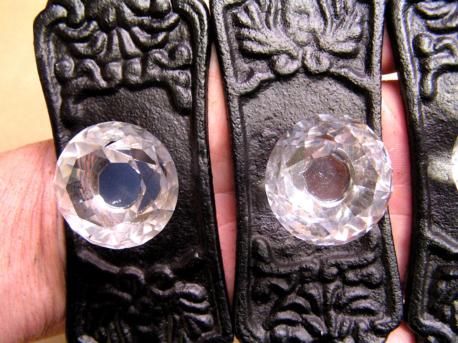 Four Glass Crystal Style Knobs, Black Cast Iron Backplate, Old Style Hardware