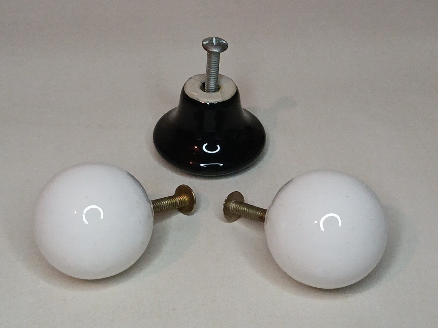 Vintage Round White & Black Porcelain Cabinet Drawer Pulls Lot Of 3 Knobs