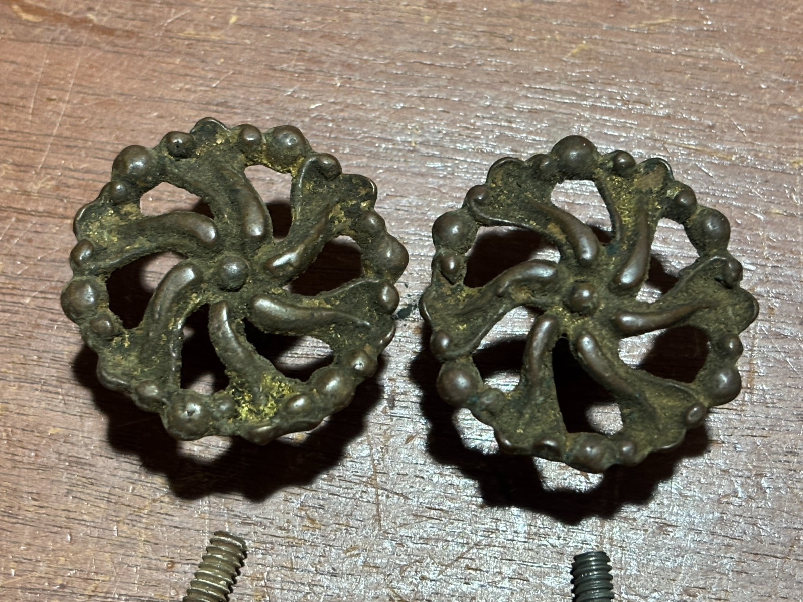 Pair Of Vintage Antique Ornate Round Cabinet Knob Drawer Pulls 1 1/2 Inch