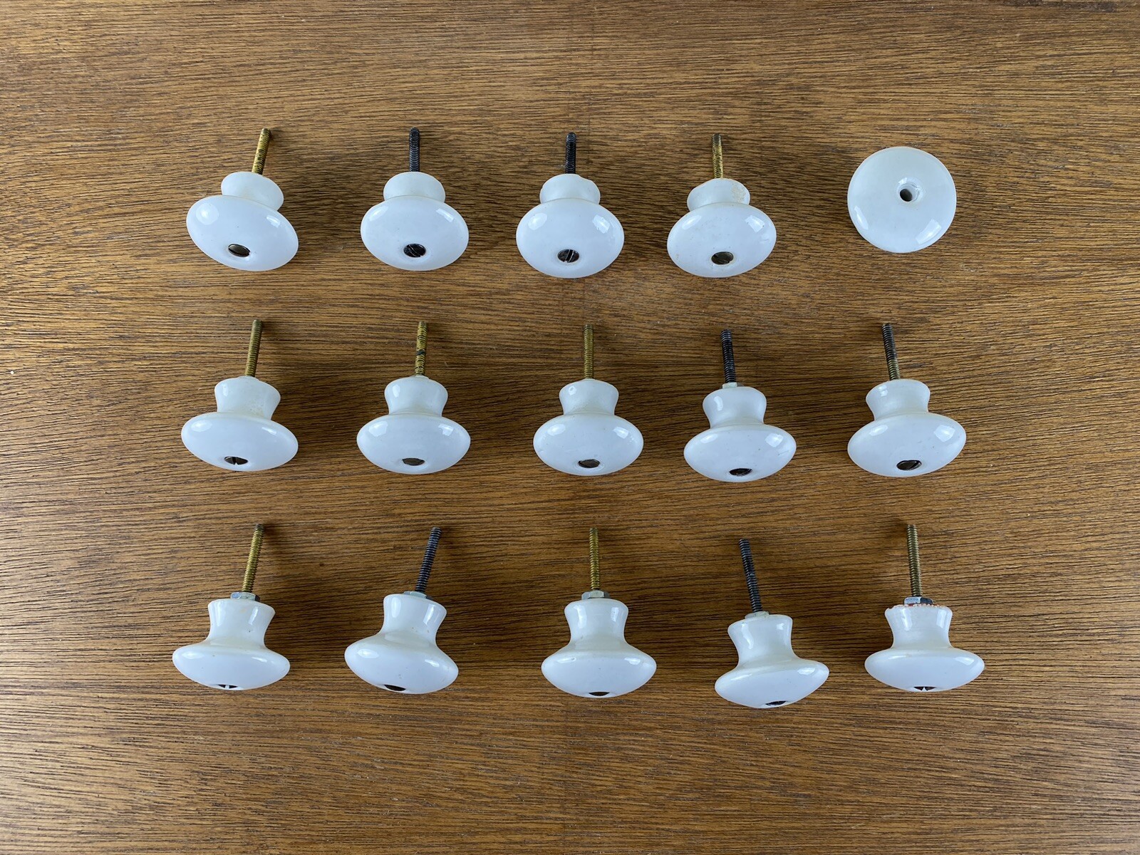 Vintage White Porcelain Mushroom Knobs Drawer Pulls w Brass Hardware Lot of 14+