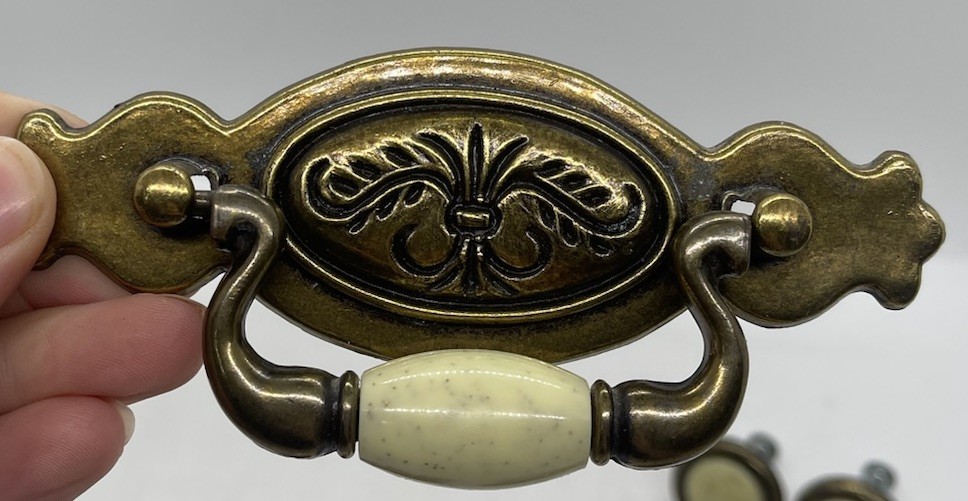 Brass Drawer 3 Pulls And w Knobs With Beige Ceramic Bead Center Vintage