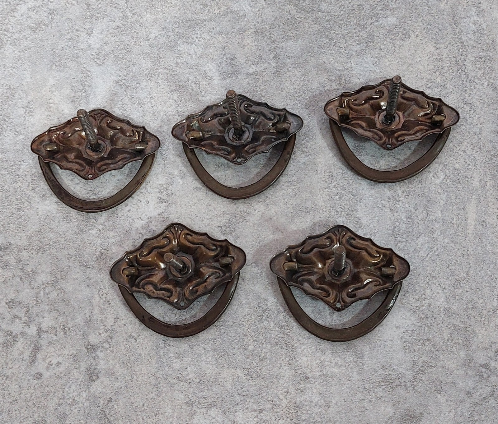 Antique French Drawer Pulls Floral Lot Of 5 Steel Brown Gold