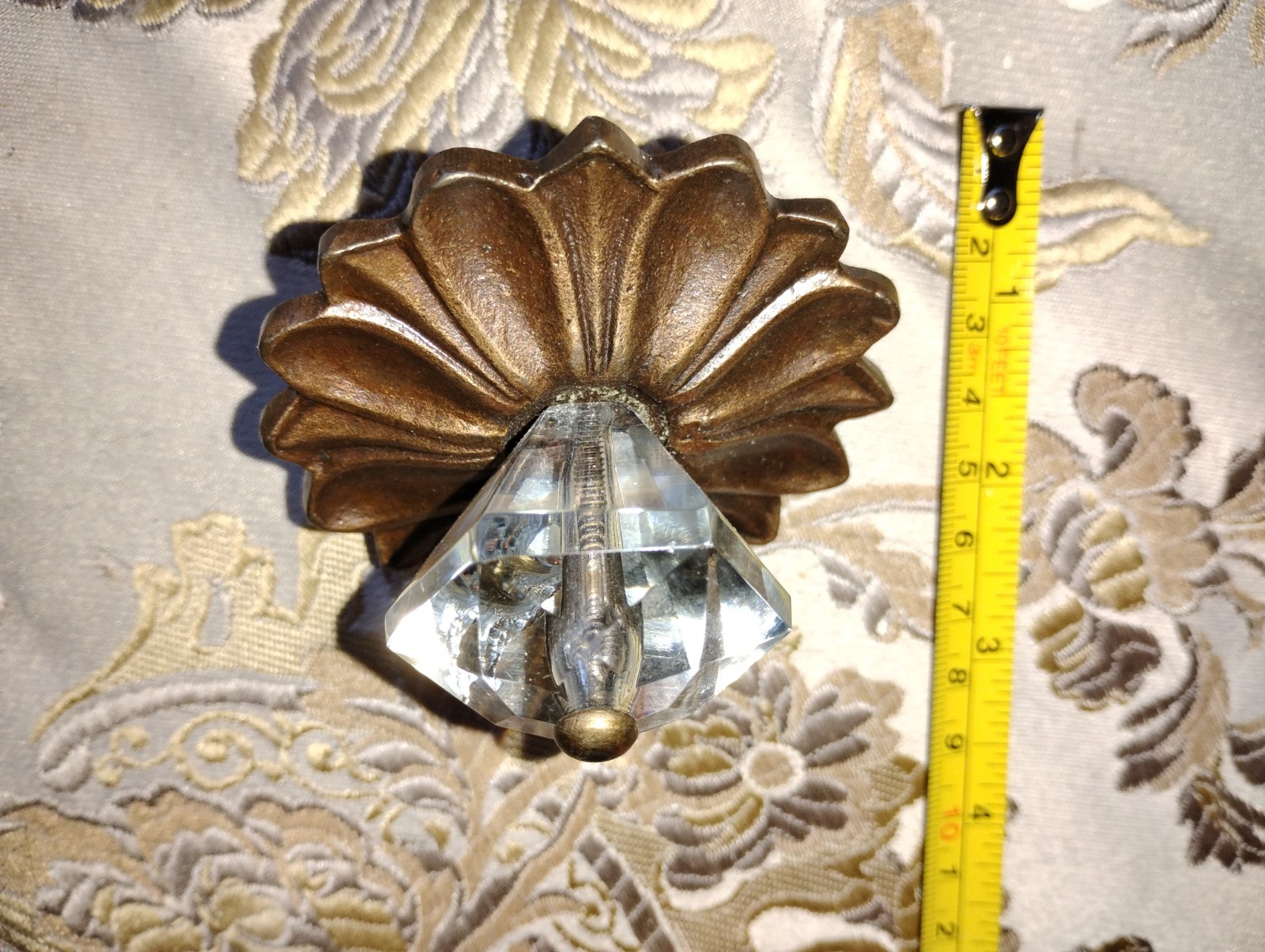 Vintage Hexagonal Clear Glass Knob Brass Floral Rosette Handle Pull READ