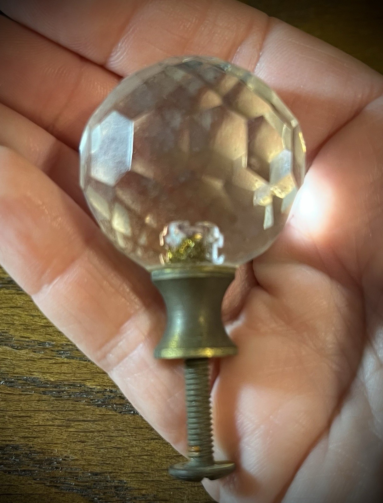 Pair Vintage clear faceted crystal ball doorknobs drawer pulls with brass base