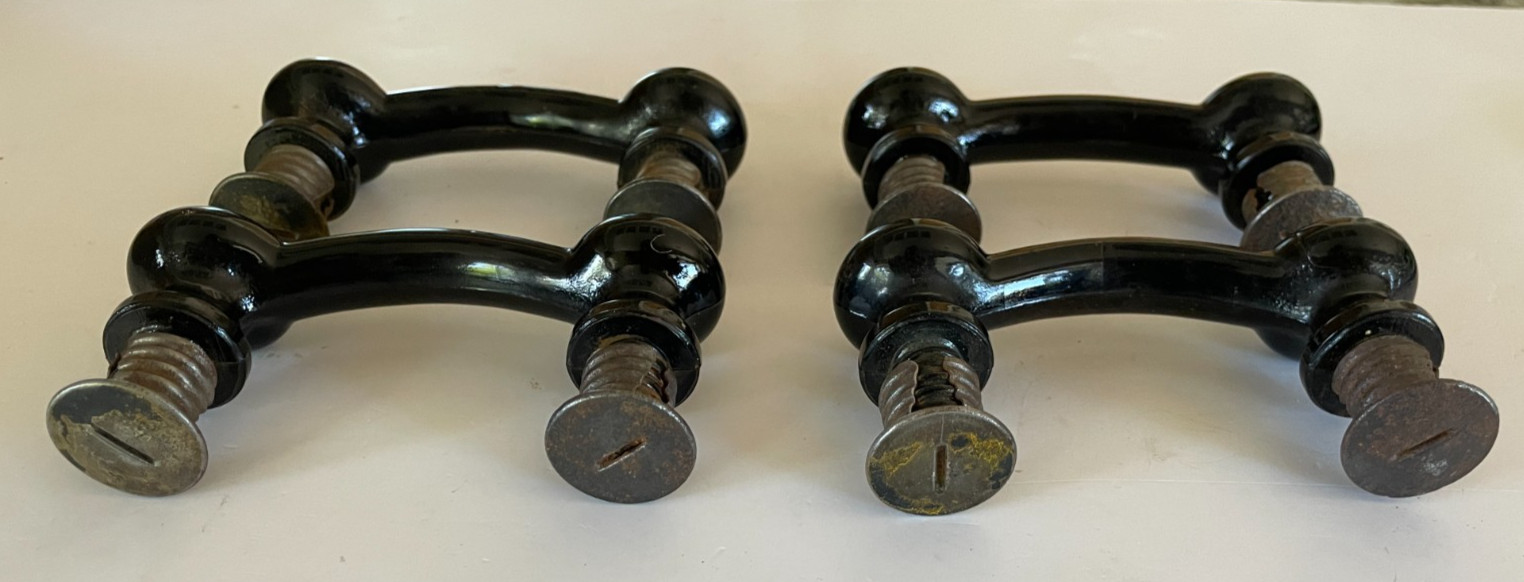 4 Edwardian Eastlake Black Milk Glass Cabinet Pulls w/ Threaded Backs 1920-30s